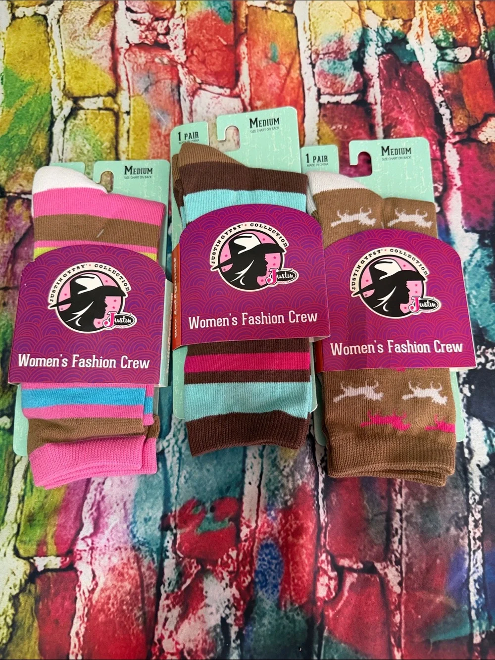 Justin Boots Women's Crew Socks - Brown, Pink & Aqua Stripes